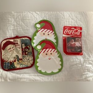 Christmas santa plates, coasters & pot holder lot